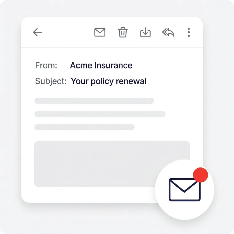 The renewal email Sarah received: subject 'Your policy renewal', still unread