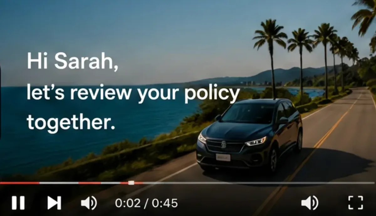 Sarah's personalized renewal video: 'Hi Sarah, let's review your policy together.'